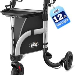 3 Wheel Walker , Foldable Rollator with 8" Airless Tires & Non-Slip Tray, Cane Holder & Cup Holder