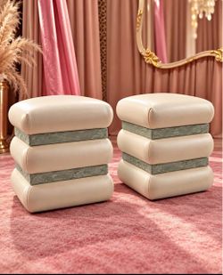 Post Modern Cream Leather Ottoman Stools with Stone Trim – Set of 2