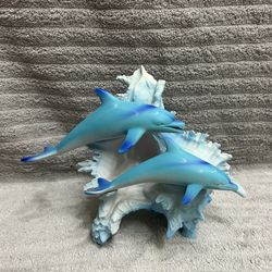 Blue Dolphins With Seashell Statue Marine Life Decoration Figurine 