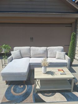 Corduroy Beige Cream Sectional Couch- Free Delivery