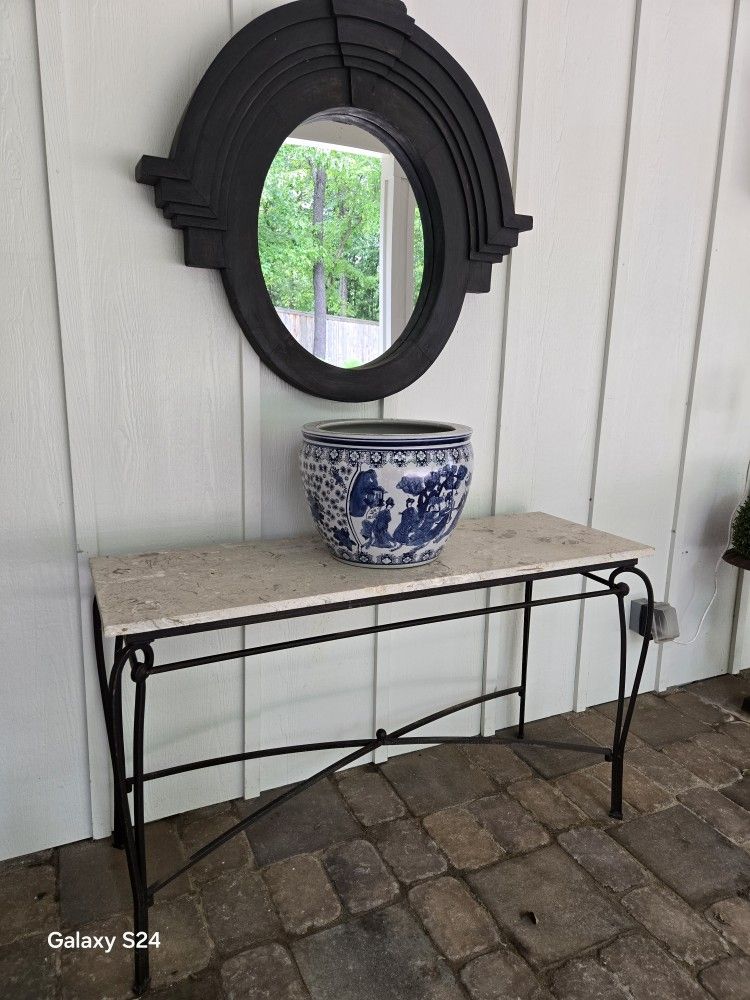 Outdoor Metal Console Table with Fossil Stone Marble Top