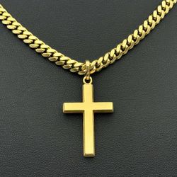 10k solid yellow gold Cuban chain necklace 23.5” 5mm & 14k solid gold cross pendant charm