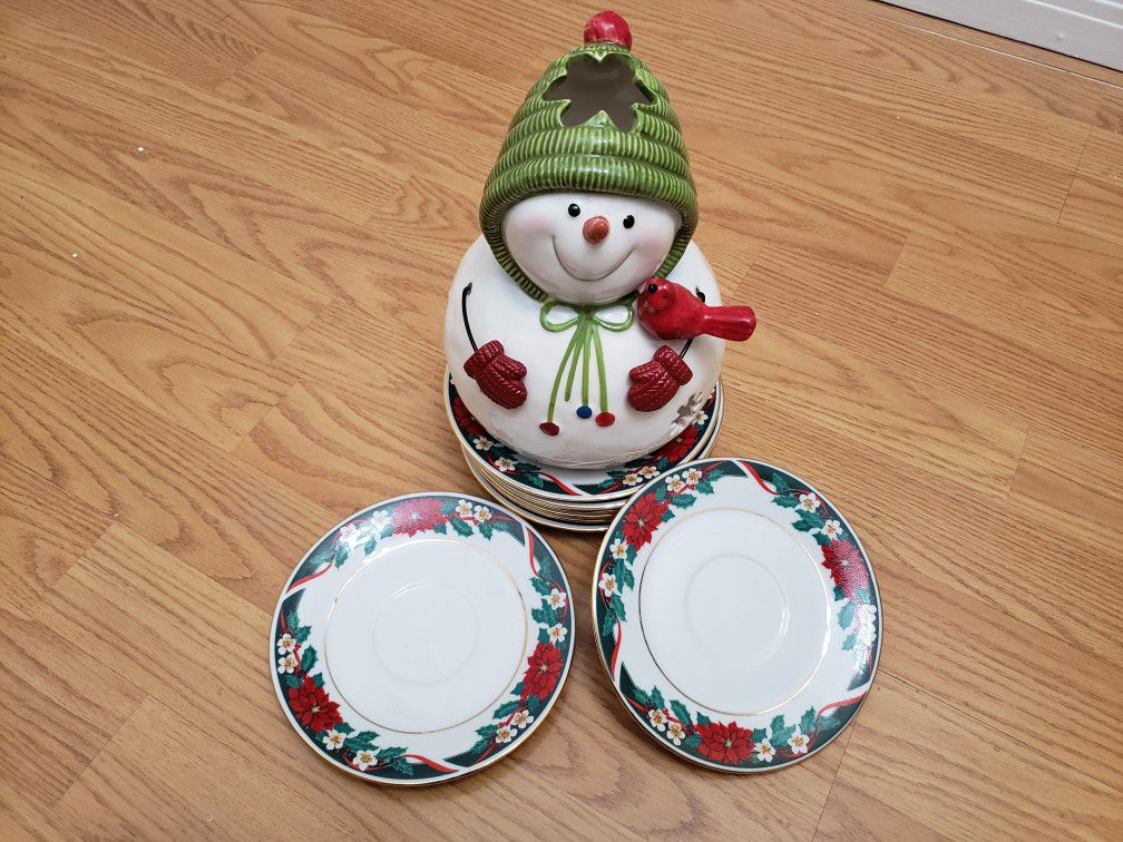 Snowman with Christmas Tea cups