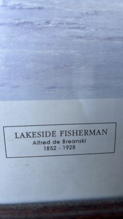 LAKESIDE FISHERMAN PICTURE MOUNTAIN SCENE ALFRED BREANSKI FRAMED