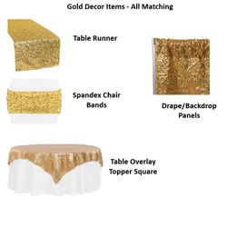 Gold Sequin Set - Curtain Drape - Table Runner, Table Overlay, Chair Sash