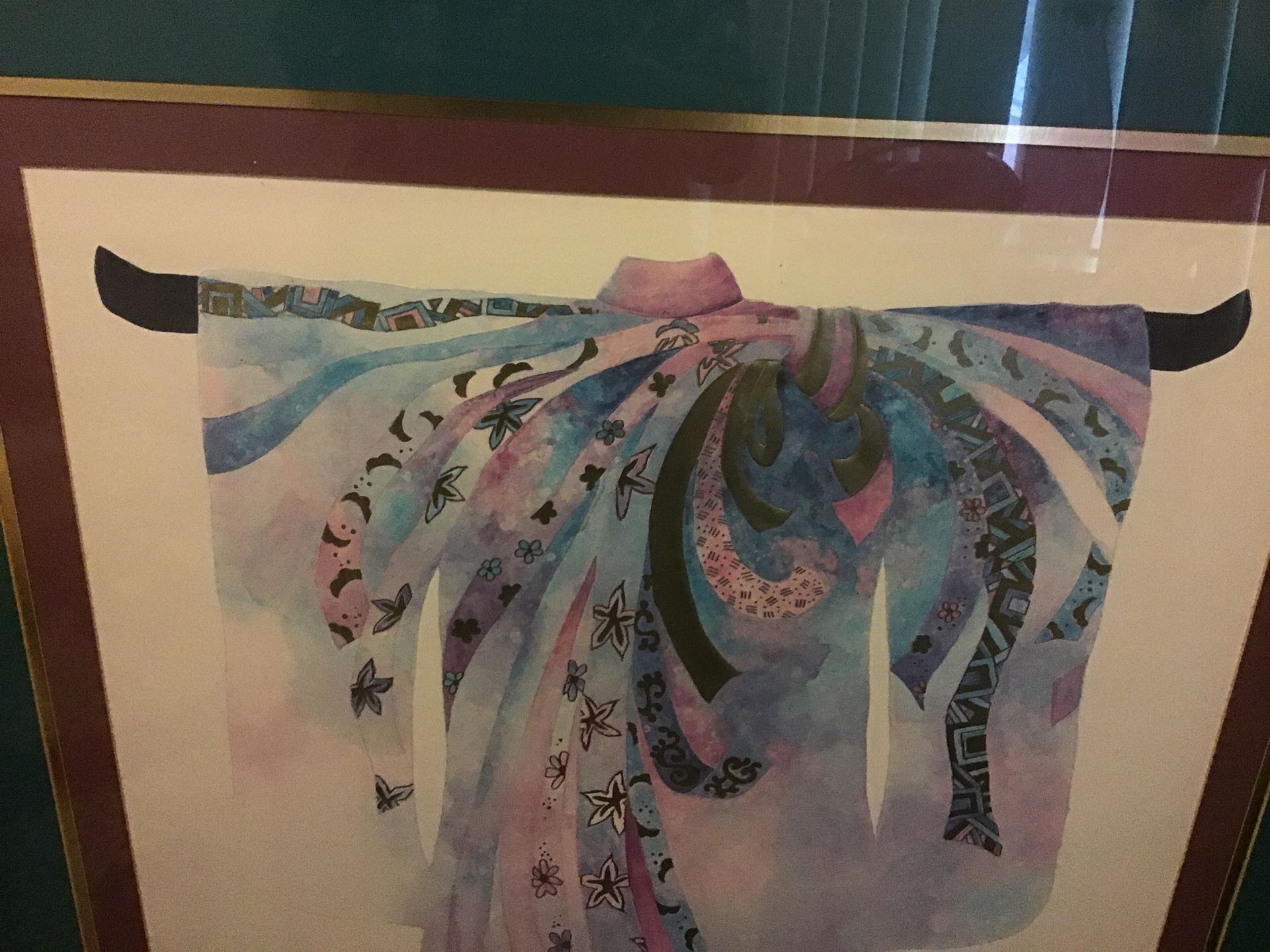 Was given this from my aunt who has passed .just to hard for me to see everyday needs to go to a wanting home . Not sure what print on here but very