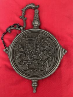 Vintage Ornate Pewter Gun Powder Flask with Coat of Arms & Horse Rider Motif