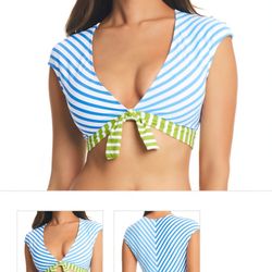Smooth Operator Tie Front Cap Sleeve Bikini Crop Top in Stripe, Size 6