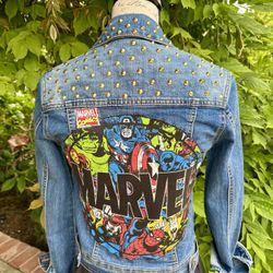 Women's Marvel Comics Multi Character Enhanced Gold Studded Jean Jacket-Small Petite