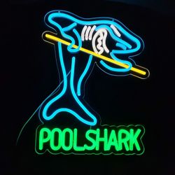 POOL SHARK LED LIGHT SIGN.  16" X 12".   6 FT. USB CORD.  DIMMER SWITCH.  NEW.  PICKUP ONLY