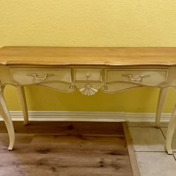 Ethan Allen Country French Louis XV style writing desk with a cream lacquered maple base and natural maple top