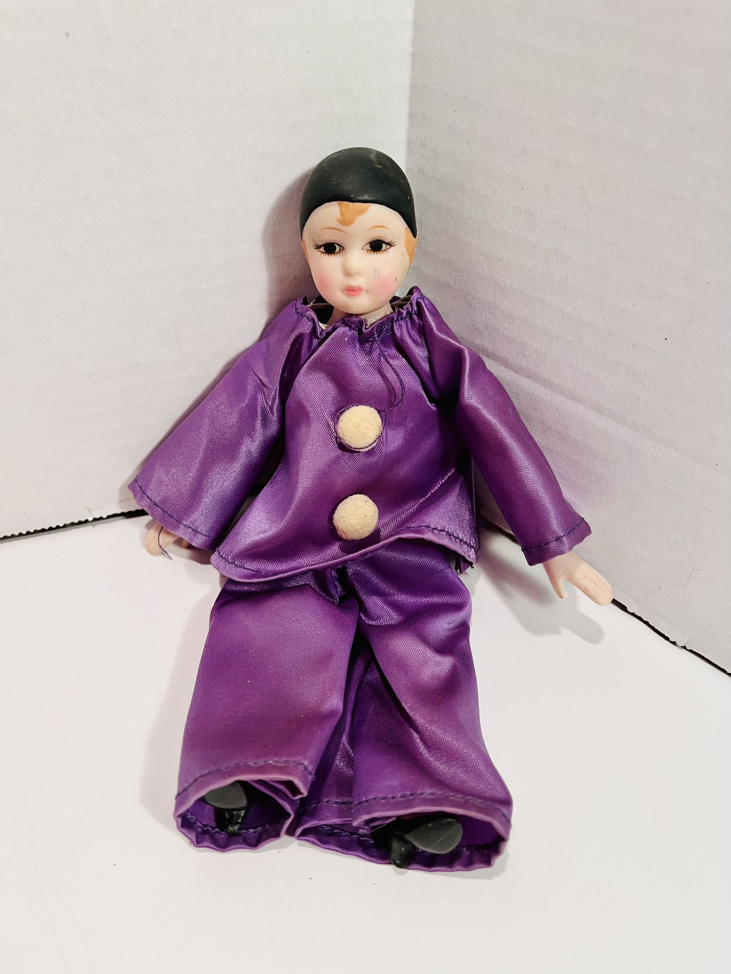 Russ Berrie Pierrot Doll Style #1680 Purple Satin Clown - 7.5” Tall