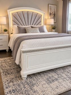 White Queen Bed Frame with LED Upholstered Headboard