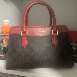 Coach Mini Darcie Carryall In Signature Canvas - Dark Brown/Red