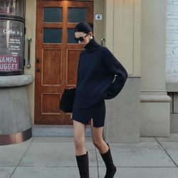 Commense Plain Ribbed Split Sweater Skirt Set