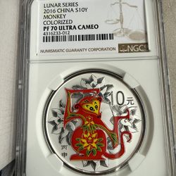 2016 1oz NGC PF70 ULTRA CAMEO LUNAR SERIES MONKEY COLOR SILVER COIN 
