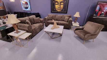 Brown Soft Fabric Upholstered Sofa + Loveseat Set