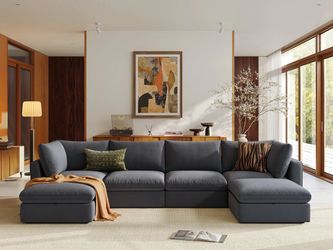 Linen 4 Seats Gray Convertible Couch U-Shape Modular Sectional Sofa w/Ottomans