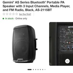 Gemini® AS Series Bluetooth® Portable PA Speaker- 3 Input Channels, Media Player, and FM Radio New $180 