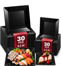 60-Piece Black Square Plastic Plates Set – 30 Dinner & 30 Dessert Plates – Party & Events