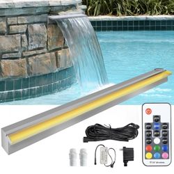 48" Waterfall Spillway Stainless Steel Pool Fountain With 7 Colors LED Light Changing Remote