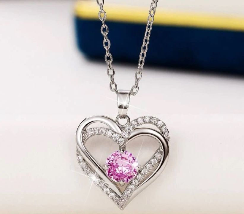 Silver Heart Necklace With Pink Jewel