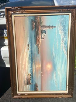Framed Oil Painting Lighthouse Seascape