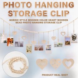 Bohemian Style Hanging Photo Decoration, Hanging Photo Display Bohemian Decorative Photo Frame Collage with 9 Wooden Clips, Room Wall Art, Room Dorm H