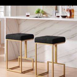 24KF Contemporary Set of 2 Counter Stool for Kitchen Island, 26" H BlackTeddy Fabric Padded Gold Barstool Bar Chair,5067-Teddy Black
