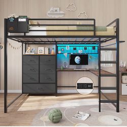 Base de cama Full alta con escritorio y cómoda de 7 gavetas