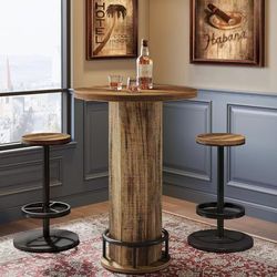 RY0246 Round Bar Table with Chairs, Industrial Bistro Sets with 2 barstools, Pub Cocktail Table with Metal Ring Footrest for Kitchen Nook, Apartment, 