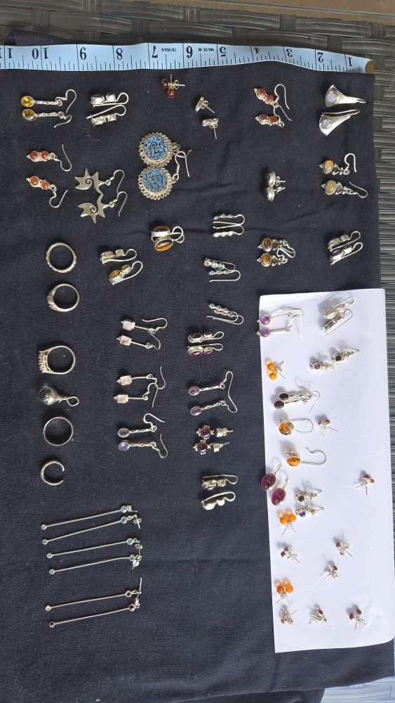 925 Sterling Silver Lot of 46 Earrings , 5 rings and A Pendant