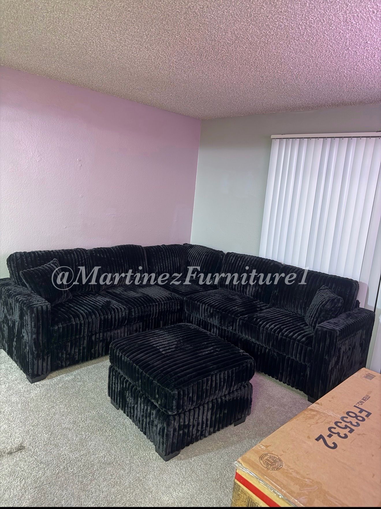 BRAND NEW BLACK ONYX FLUFFY THICK CORDUROY SECTIONAL SOFA COUCH WITH OTTOMAN