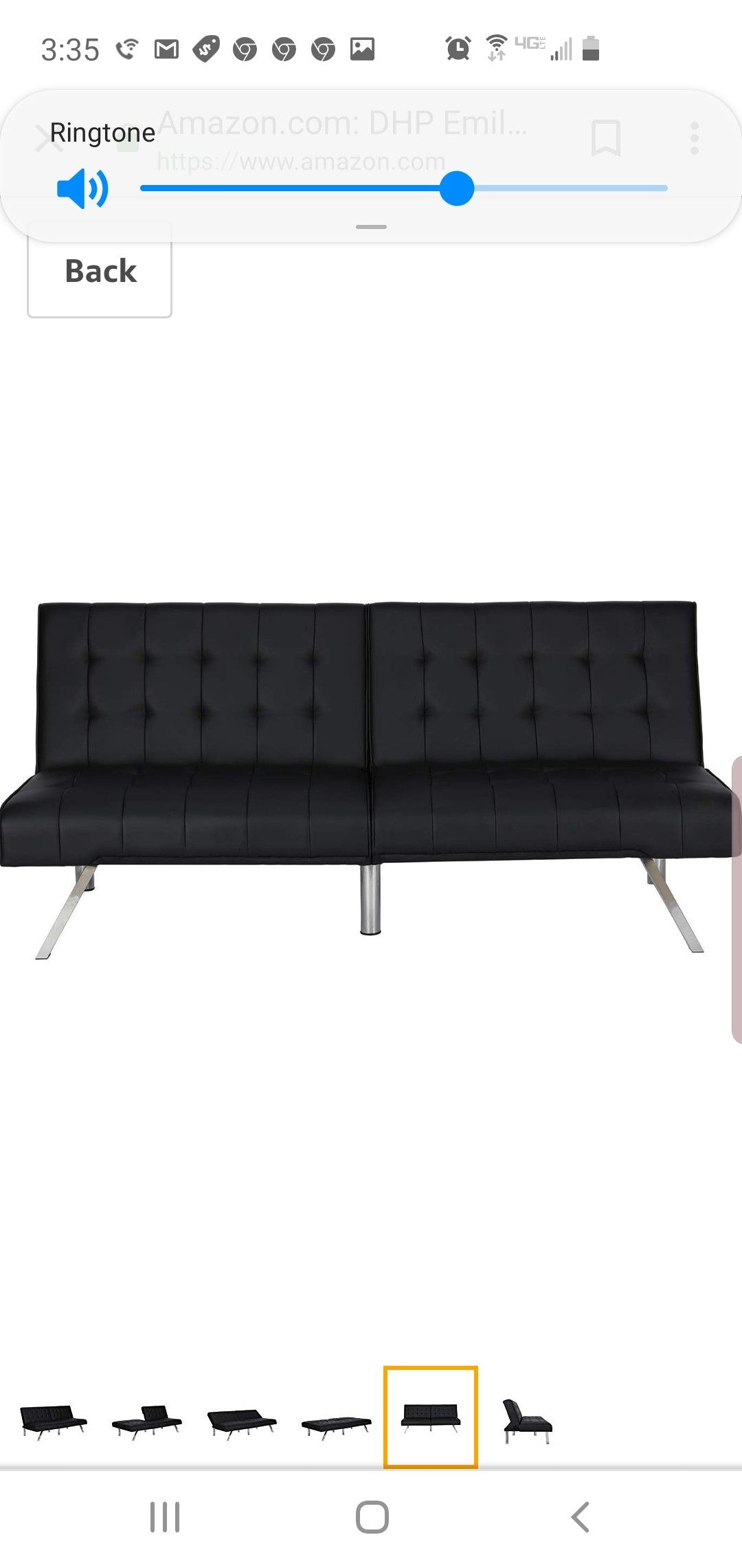 DHP Emily Futon Sofa Bed, Modern Convertible Couch With Chrome Legs Quickly Converts into a Bed, Black Faux Leather