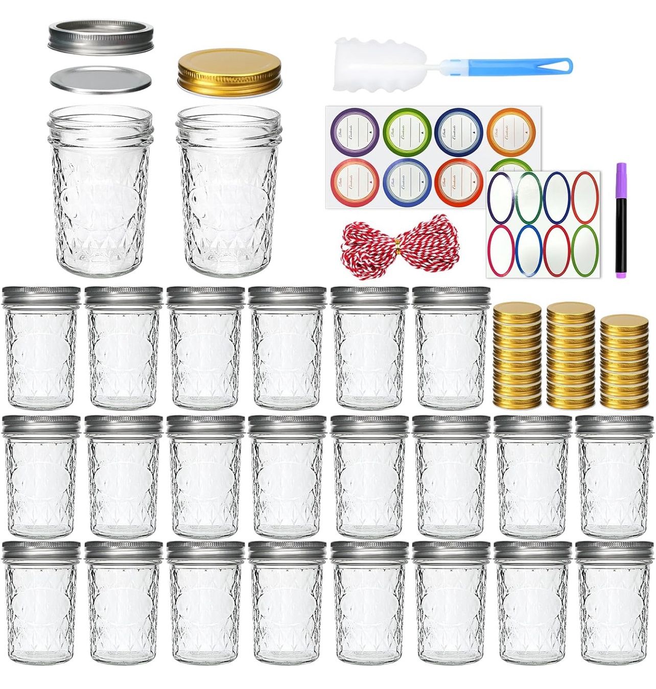 8oz Mason Jars, Canning Jars,Jam Jars forJelly,Honey, Wedding Favors, Food Storage,Kitchen & DIY Gifts, with Lables,Sponge Brush,Pen and Red Hemo Rope