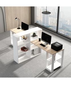 Two-Person Desk with Center Bookshelf