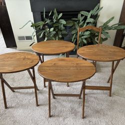Vintage Set of 4 Oak Wood Oval Folding TV Tables With Carry Storage Stand, excellent condition, tables fold flat, open dimensions table top 23”W x 16”