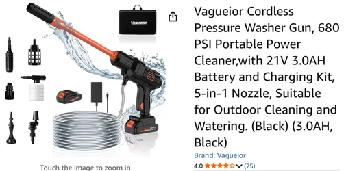 [Used] Vagueior Cordless Pressure Washer – 680 PSI Portable Power Cleaner, 21V Battery
