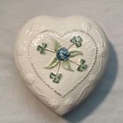Belleck Heart Shaped Trinket Box W/Shamrocks And Blue Rose Porcelain