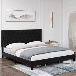 Full size Bed Frame with Leather Upholstered Headboard 
