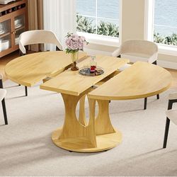 43.3-59 Inch Extendable Round Dining Table for 6-8 People, Oval Dinner Table with Adjustable Top and A Stable Round Pedestal Base, Space Saving Wooden