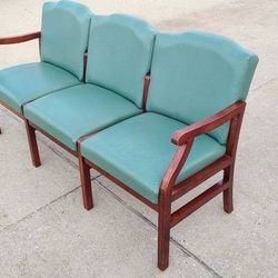 Teal Vinyl Scroll Arm 3 Seat Classic Lebon Office Furniture Waiting Room Bench Sofa