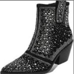 Rhinestone Cowboy Boots Sparkly Ankle Boots With Pointed Toe And Chunky Heel Design US Size 9.5 Womens