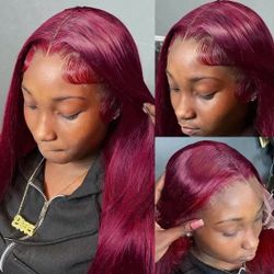 99J Red Pre Plucked Lace Front Human Hair Wigs Colored Brazilian Straight Burgundy 