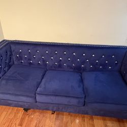 Navy Blue Velvet Tufted Sofa w/ Nailhead Trim