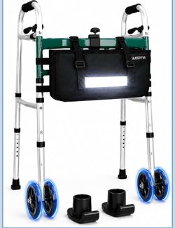 Folding Walker with Storage Bag and Night Light, 4x5in Wheels, 350lbs Hands-free bag holds phone, meds, bottle. Night sensor auto-lights dark paths. H