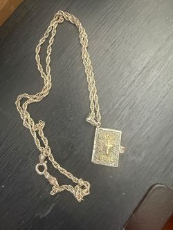 925 Silver Vintage Holy Bible Pendant With Rope Chain 