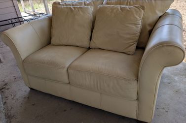 2 Seater Beige Leather Sofa, Classic Round Arms, High Back OBO