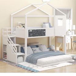 Merax Twin Over Full Stairway Bunk Bed House Shaped Loft Beds with Storage Staircase and Window for Boys or Girls (pre-loved)