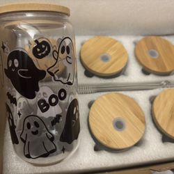 New set of 6 Halloween ghost glass cups with straw and cleaners 